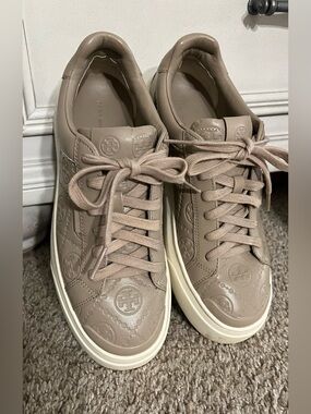 Tory Burch Taupe Leather T Monogram Sneakers